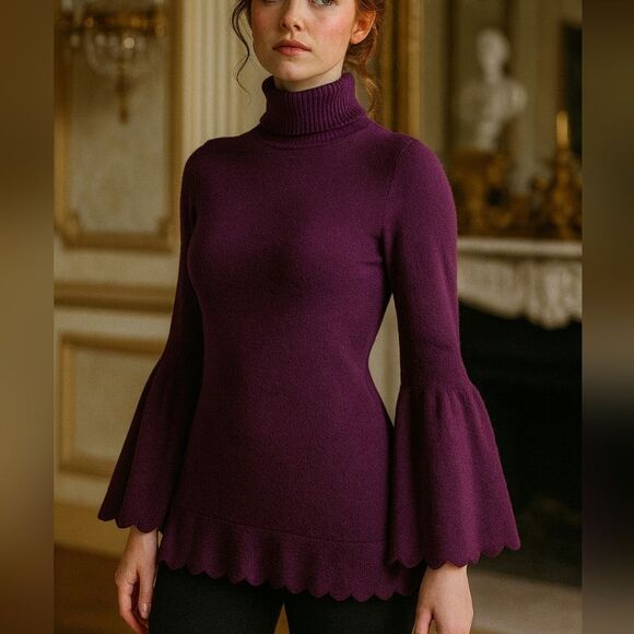 Isaac Mizrahi Women's S Scalloped Bell Sleeve Turtleneck Sweater Purple Pullover - Picture 1 of 10